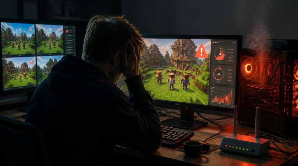 A_gamer_sitting_at_a_desktop_PC_running_a_Minecraft_server-0
