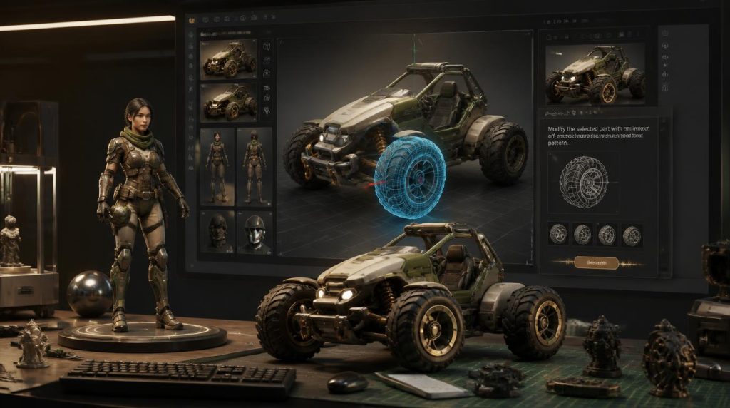 Hyper3D Rodin AI generating and editing a game-ready 3D model with quad topology
