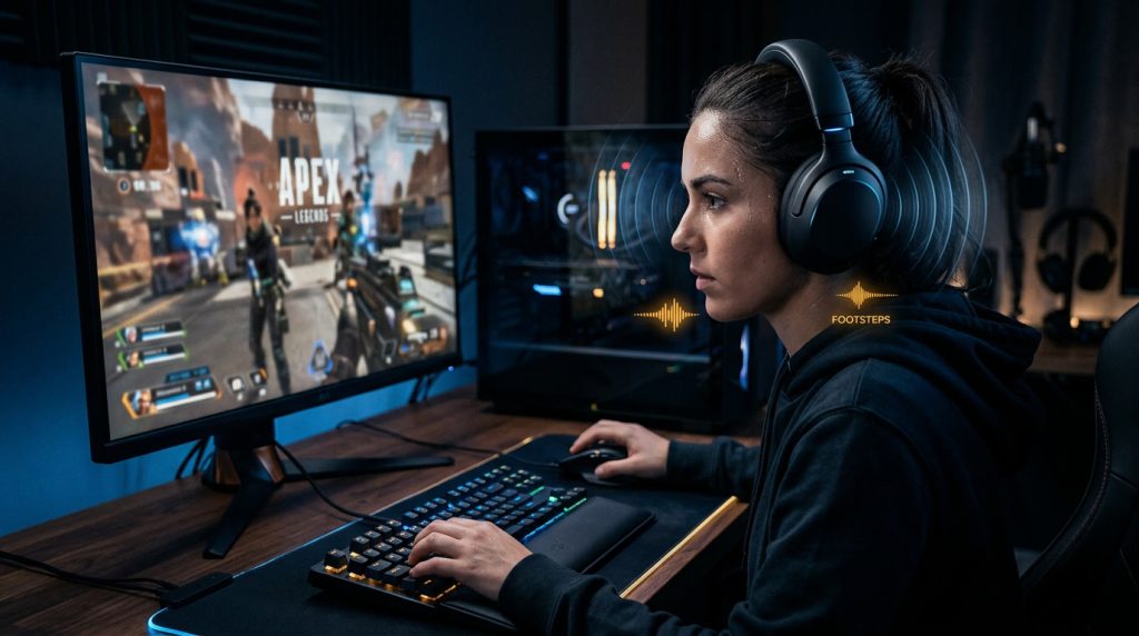 Gamer wearing noise-cancelling gaming headphones at a PC setup with ANC sound waves