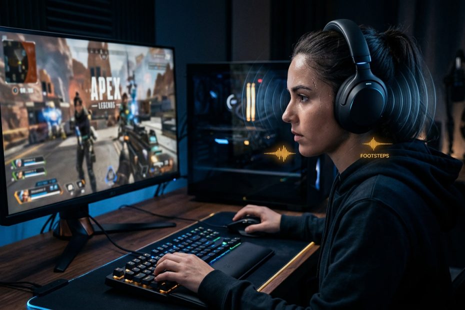 Gamer wearing noise-cancelling gaming headphones at a PC setup with ANC sound waves