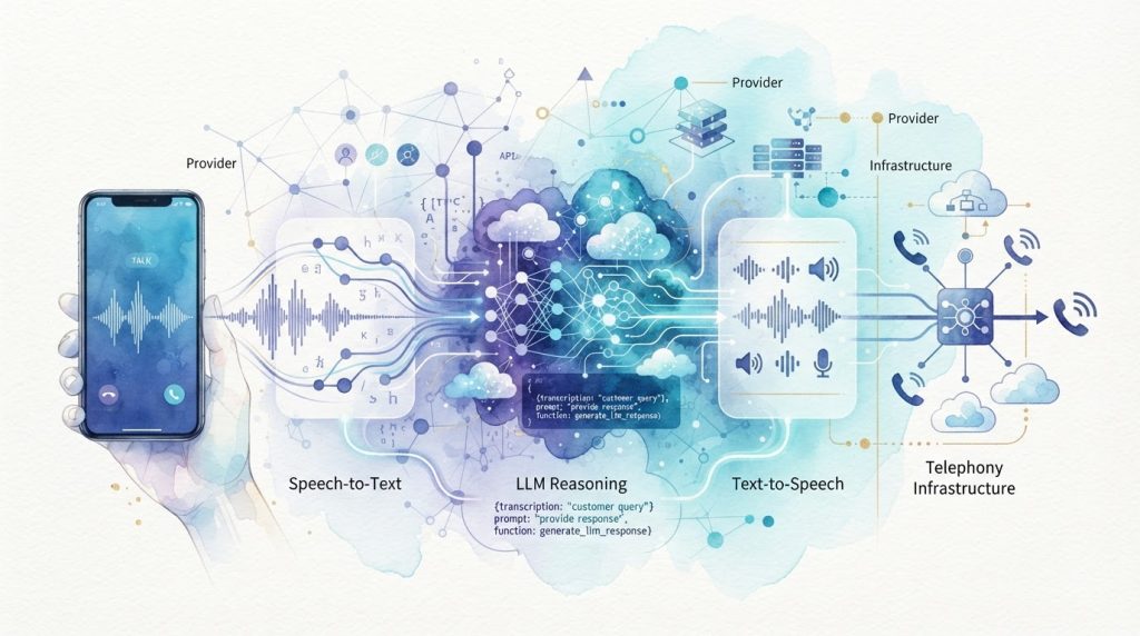 Vapi AI voice agent connecting speech recognition, LLM, text-to-speech, and telephony