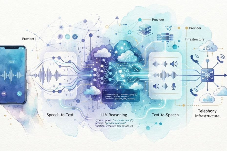 Vapi AI voice agent connecting speech recognition, LLM, text-to-speech, and telephony