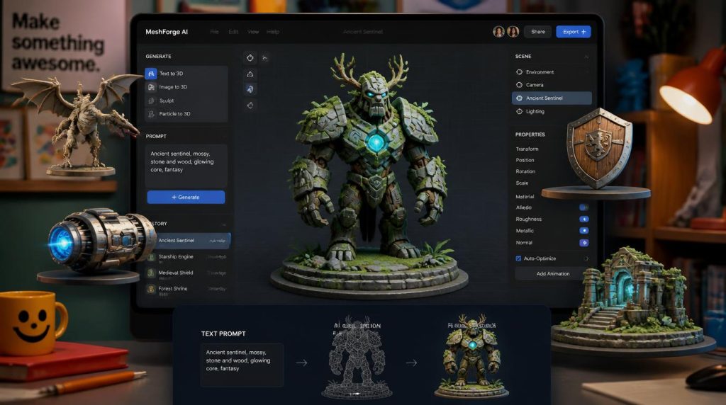 Meshy AI generating textured 3D game assets from text prompts in a digital modeling workspace