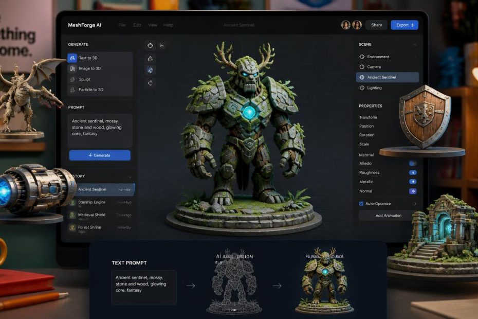 Meshy AI generating textured 3D game assets from text prompts in a digital modeling workspace