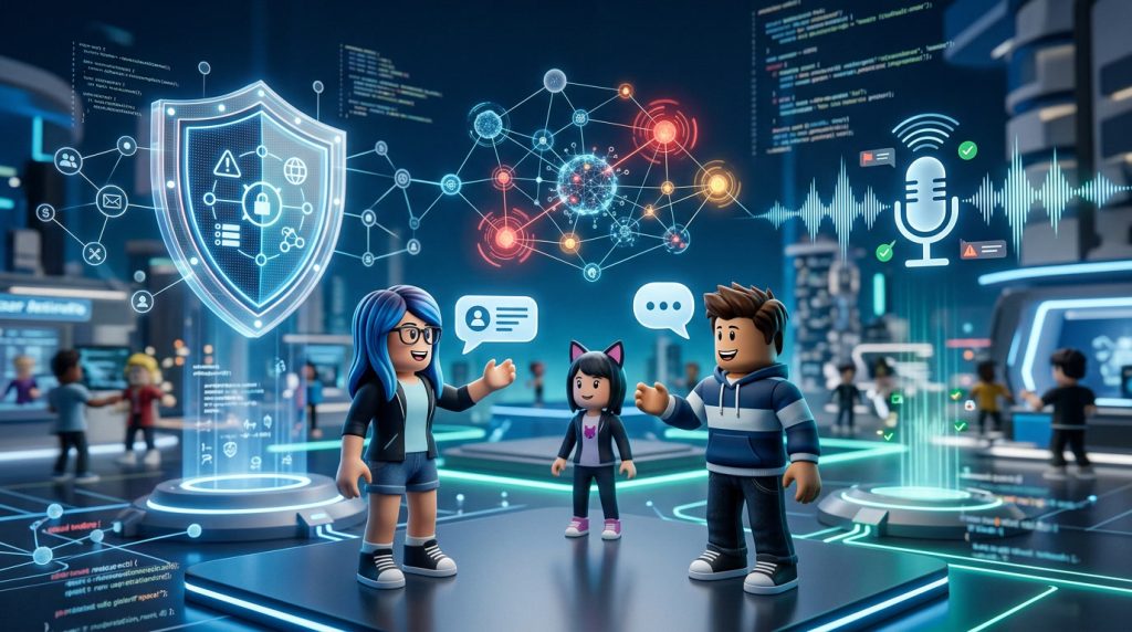 AI safety systems monitoring Roblox text and voice chats to protect users from harmful interactions