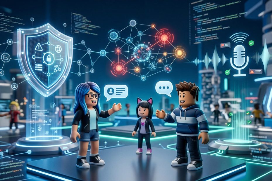 AI safety systems monitoring Roblox text and voice chats to protect users from harmful interactions
