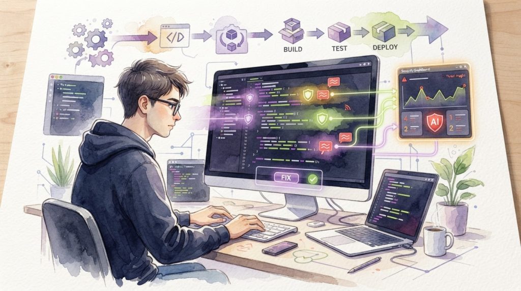 Snyk Code AI scanning source code for security vulnerabilities and suggesting automated fixes