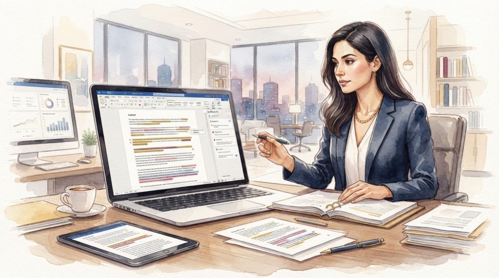 Spellbook AI contract review tool showing AI-powered redlines and risk flags in Microsoft Word