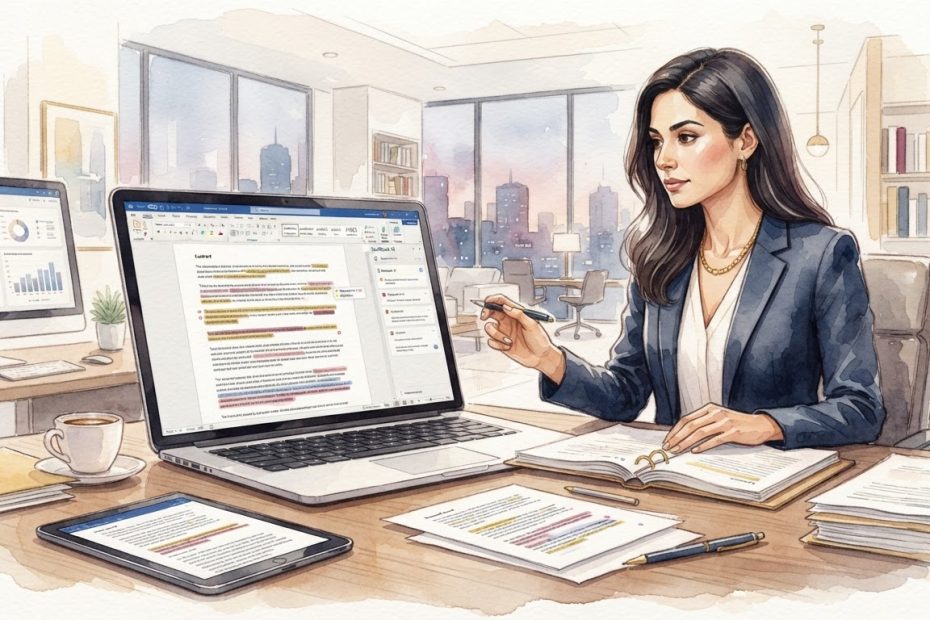 Spellbook AI contract review tool showing AI-powered redlines and risk flags in Microsoft Word